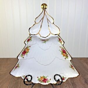 Royal Albert Old Country Roses Christmas Tree Chip & Dip Tray Platter Gold Trim